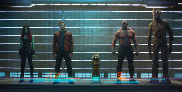 Marvel's Guardians Of The Galaxy..L to R: Gamora (Zoe Saldana), Peter Quill/Star-Lord (Chris Pratt), Rocket Raccoon (voiced by Bradley Cooper), Drax The Destroyer (Dave Bautista) and Groot (voiced by Vin Diesel)..Ph: Film Frame..©Marvel 2014